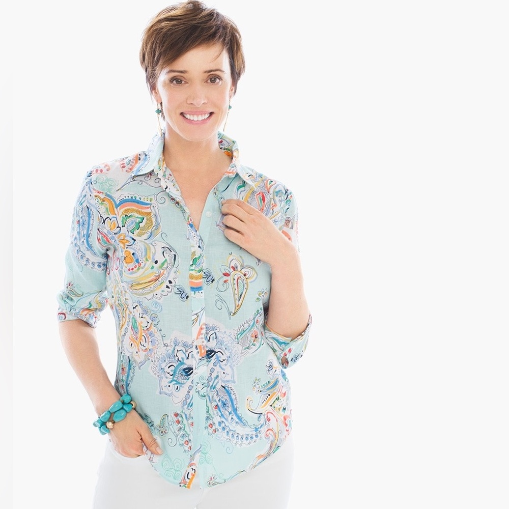 Chico’s effortless linen whimsy paisley shirt size 3